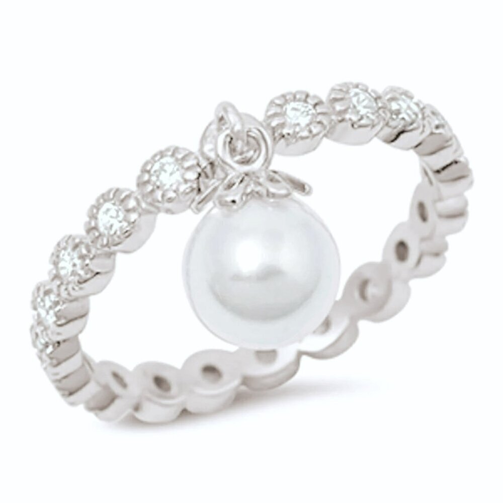 NWT Fashion Women's 925 Sterling Silver Round Eternity Band & Dangle Pearl Ring
